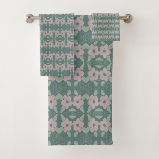 ティール(緑がかった色)タオルの色あせバラフローラ バスタオルセット (インサイチュ)
