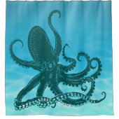 ティール(緑がかった色)タコ海水背景 シャワーカーテン (正面)