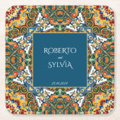 ティール（緑がかった色）タラベラヴィンテージメキシ結婚コモノグラムのス スクエアペーパーコースター (正面)