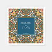 ティール（緑がかった色）タラベラヴィンテージメキシ結婚コモノグラムのス スタンダードカクテルナプキン (正面)