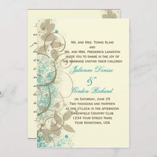 ティール(緑がかった色)タングランジスワ葉ール結婚式招待状 招待状 (正面/裏面)