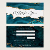 ティール(緑がかった色)-ターコイズおよび金ゴールドアグリゲートのギフト証明書 (正面&裏面)