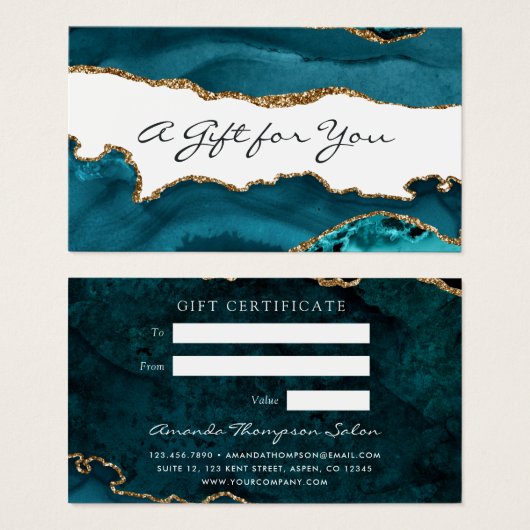 ティール（緑がかった色）-ターコイズおよび金ゴールドアグリゲートのギフト証明書 (正面&裏面)