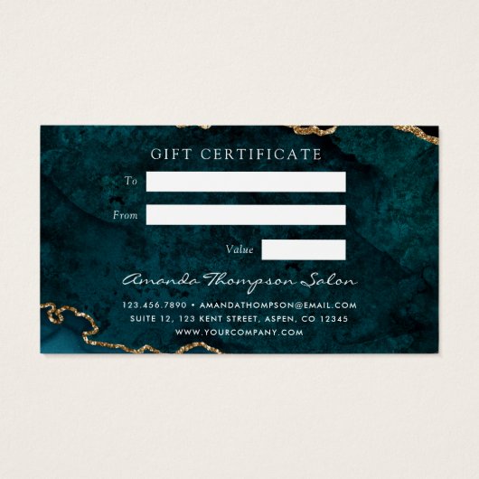 ティール(緑がかった色)-ターコイズおよび金ゴールドアグリゲートのギフト証明書 (裏面)