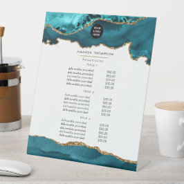 ティール（緑がかった色）:ターコイズおよび金ゴールドアグリゲート型ビジネス価格 台座サイン