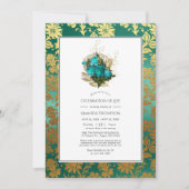 ティール(緑がかった色)-ターコイズおよび金ゴールドフローラお祝いのライフ 招待状 (正面)