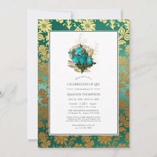 ティール（緑がかった色）-ターコイズおよび金ゴールドフローラお祝いのライフ 招待状 (正面)
