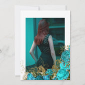 ティール(緑がかった色)-ターコイズおよび金ゴールドフローラお祝いのライフ 招待状 (裏面)