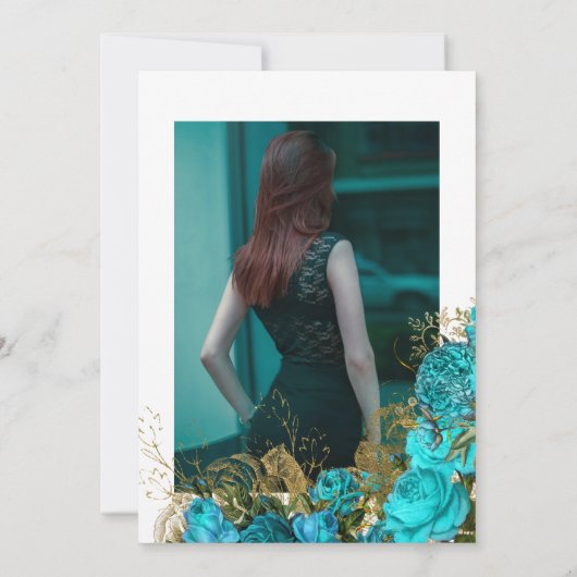 ティール（緑がかった色）-ターコイズおよび金ゴールドフローラお祝いのライフ 招待状 (裏面)