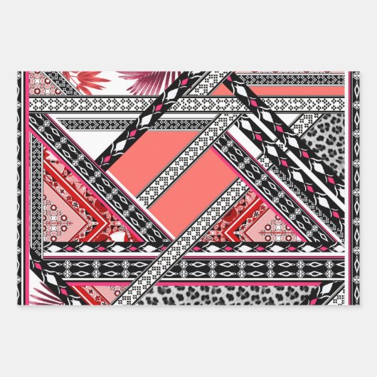 ティール(緑がかった色)-ターコイズとサンゴヴィンテージレトロパターン ラッピングペーパーシート (正面3)