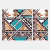 ティール(緑がかった色)-ターコイズとサンゴヴィンテージレトロパターン ラッピングペーパーシート (正面2)