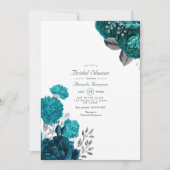 ティール（緑がかった色）-ターコイズとシルバーフローラブライダルシャワー 招待状 (正面)