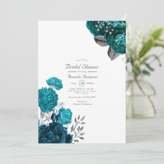 ティール（緑がかった色）-ターコイズとシルバーフローラブライダルシャワー 招待状 (スタンド正面)