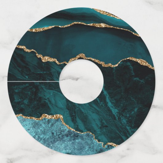 ティール（緑がかった色）-ターコイズと金ゴールドゲーデアゲート企業のト ワイングラスタグ (正面)