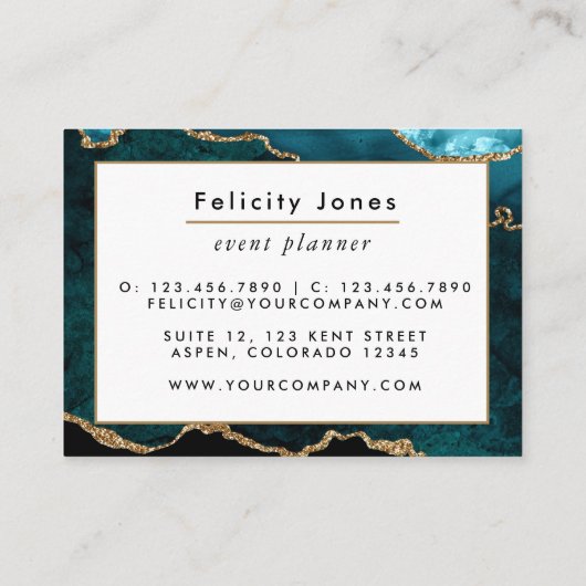ティール(緑がかった色)-ターコイズと金ゴールドジオードアゲートストーン 名刺 (裏面)
