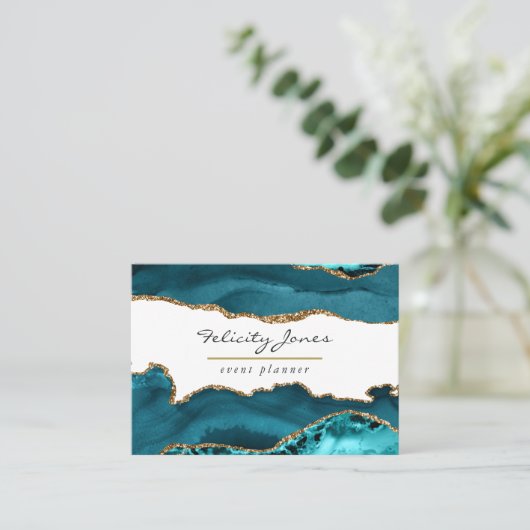ティール（緑がかった色）-ターコイズと金ゴールドジオードアゲートストーン 名刺 (スタンド正面)