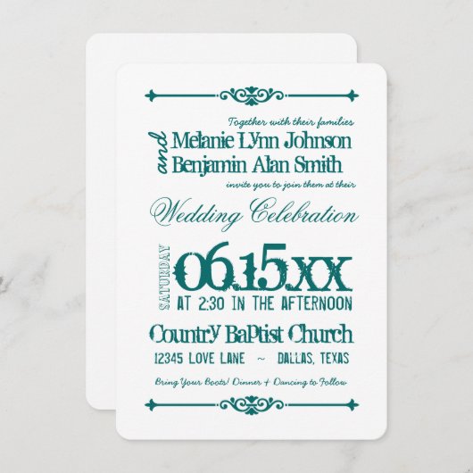 ティール（緑がかった色）ターコイズアクアタイポグラフィ結婚式招待状 招待状 (正面/裏面)