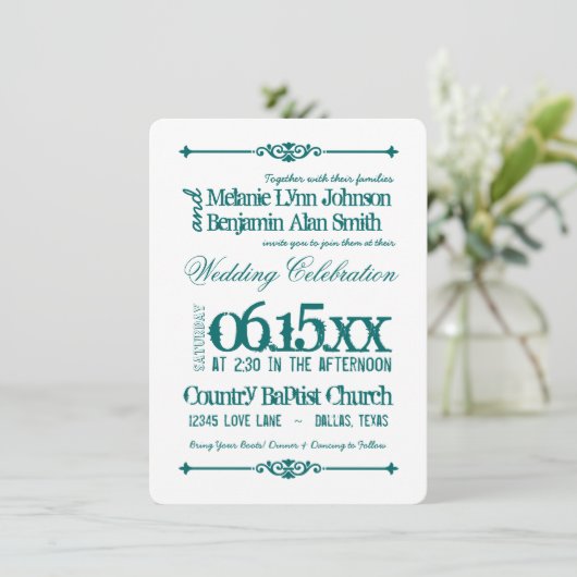 ティール(緑がかった色)ターコイズアクアタイポグラフィ結婚式招待状 招待状 (スタンド正面)