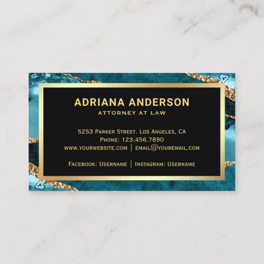 ティール(緑がかった色)ターコイズアゲート弁護士弁護士金ゴールドペンNib 名刺 (裏面)