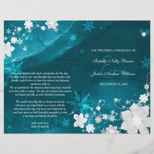 ティール(緑がかった色)ターコイズウィンターウェディングバイフォールドプログラム (正面)