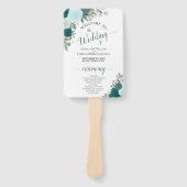 ティール(緑がかった色)&ターコイズエレガントフローラ結婚式 プログラム ハンドファン (正面)