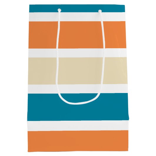 ティール(緑がかった色)ターコイズオレンジ色ブロック ミディアムペーパーバッグ (裏面)