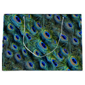 ティール（緑がかった色）ターコイズカラフルピーコックフェザー ラージペーパーバッグ (正面)