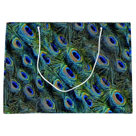 ティール（緑がかった色）ターコイズカラフルピーコックフェザー ラージペーパーバッグ (正面)