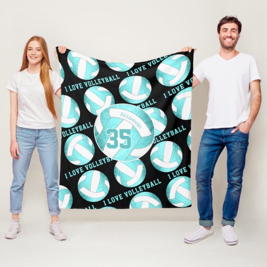 ティール(緑がかった色)ターコイズガーリー私はバレーボール大好き フリースブランケット (インサイチュ)
