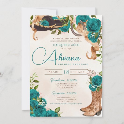 ティール（緑がかった色）ターコイズキンセアニラチャロウェスタンバラ 招待状 (正面)