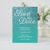 ティール(緑がかった色)ターコイズグラデーショングリッター日付の保存 招待状 (スタンド正面)