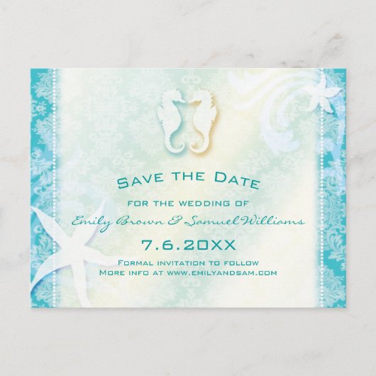 ティール(緑がかった色)ターコイズシーホース結婚式の日付を保存 案内ポストカード (正面)