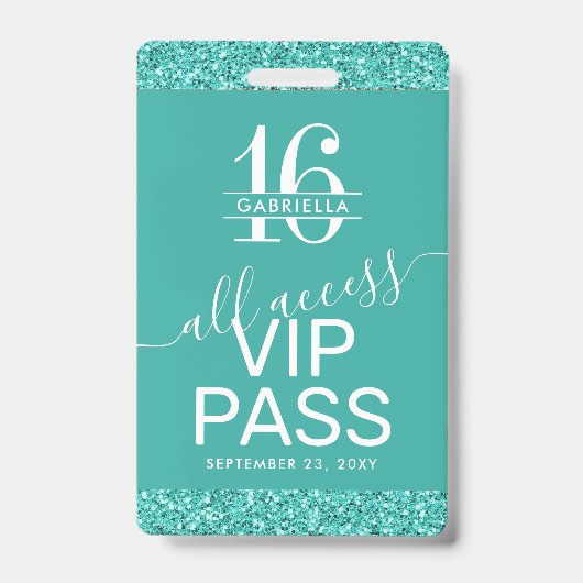 ティール（緑がかった色）ターコイズスイート16招待状VIPパスバッジ バッジ (正面)