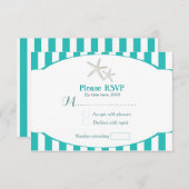 ティール（緑がかった色）ターコイズストライプのスターフィッシュビーチRSVPカード 出欠カード (正面/裏面)