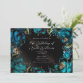 ティール(緑がかった色)ターコイズバラスカルゴシック誕生日パーティー 招待状 (スタンド正面)