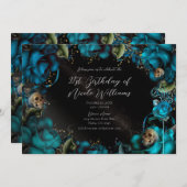 ティール(緑がかった色)ターコイズバラスカルゴシック誕生日パーティー 招待状 (正面/裏面)