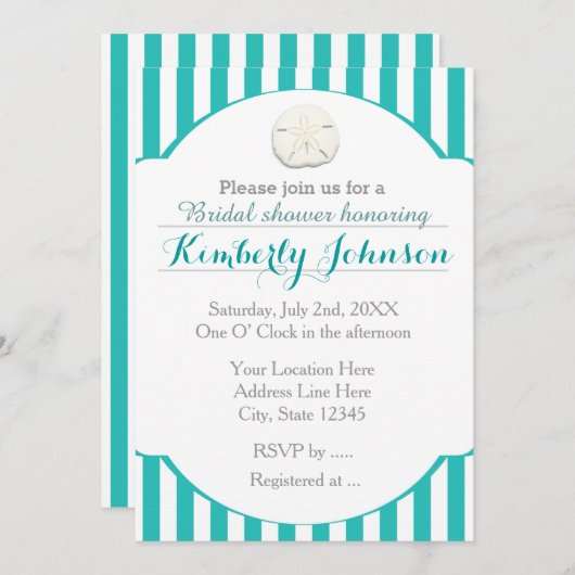 ティール(緑がかった色)ターコイズビーチサンドドルイベント招待状 招待状 (正面/裏面)