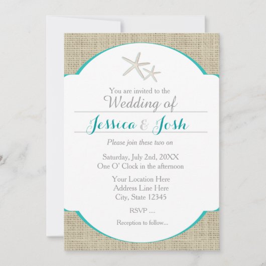 ティール(緑がかった色)ターコイズビーチバーラップスターフィッシュ招待状 招待状 (正面)