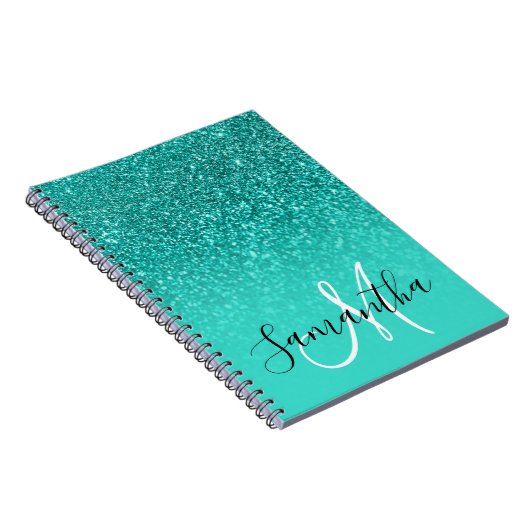 ティール(緑がかった色)ターコイズフェイクグリッターグラデーションモノグラム ノートブック (右側)
