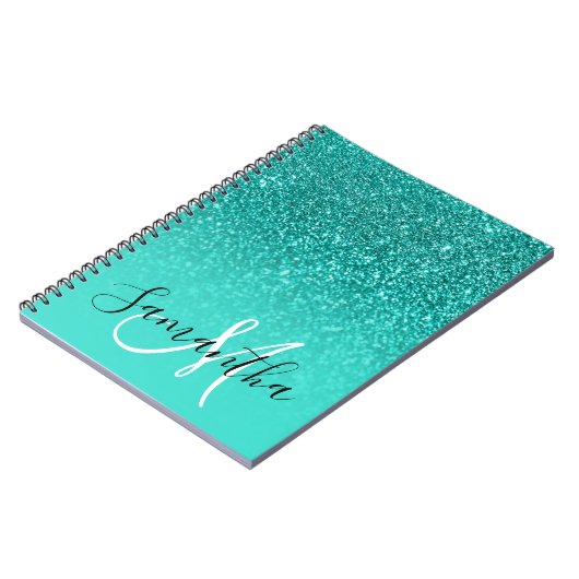 ティール(緑がかった色)ターコイズフェイクグリッターグラデーションモノグラム ノートブック (左側)
