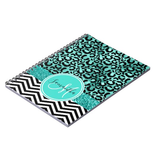 ティール（緑がかった色）ターコイズフェイクグリッターヒョウ印刷モノグラム ノートブック (左側)