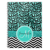 ティール（緑がかった色）ターコイズフェイクグリッターヒョウ印刷モノグラム ノートブック (正面)