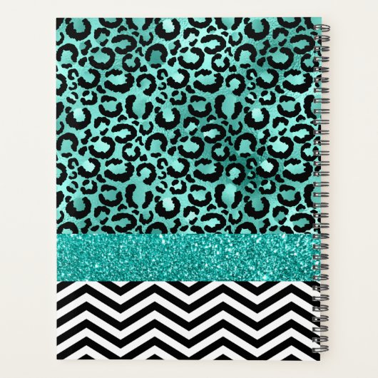 ティール（緑がかった色）ターコイズフェイクグリッターヒョウ印刷モノグラム プランナー手帳 (裏面)