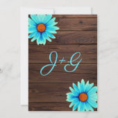 ティール(緑がかった色)ターコイズブルーフローラ、素朴な木結婚の 招待状 (裏面)