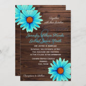 ティール(緑がかった色)ターコイズブルーフローラ、素朴な木結婚の 招待状 (正面/裏面)