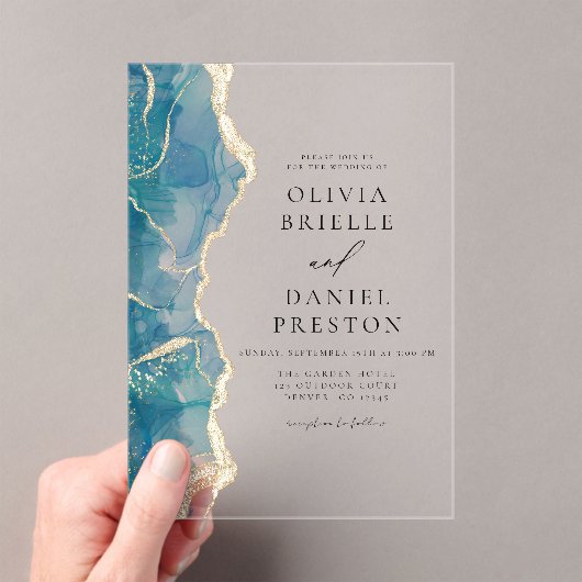 ティール(緑がかった色)ターコイズブルー金ゴールドアガテエレガントウェディング アクリル招待状 (インサイチュ (ポータブル))