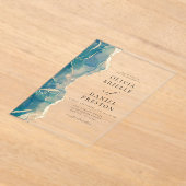 ティール（緑がかった色）ターコイズブルー金ゴールドアガテエレガントウェディング アクリル招待状 (レイダウン)