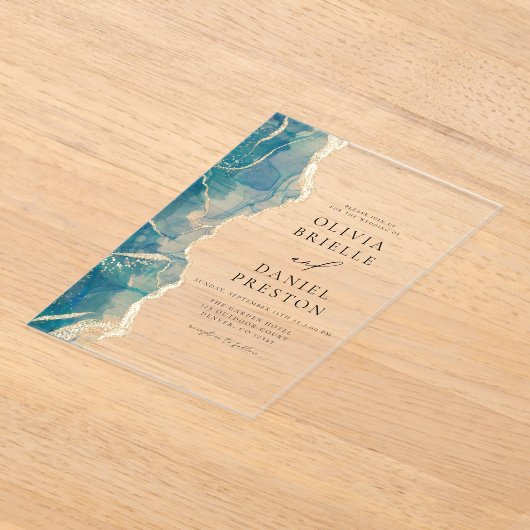 ティール（緑がかった色）ターコイズブルー金ゴールドアガテエレガントウェディング アクリル招待状 (レイダウン)