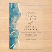 ティール（緑がかった色）ターコイズブルー金ゴールドアガテエレガントウェディング アクリル招待状 (正面)