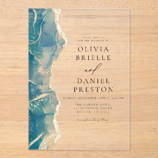 ティール（緑がかった色）ターコイズブルー金ゴールドアガテエレガントウェディング アクリル招待状 (正面)